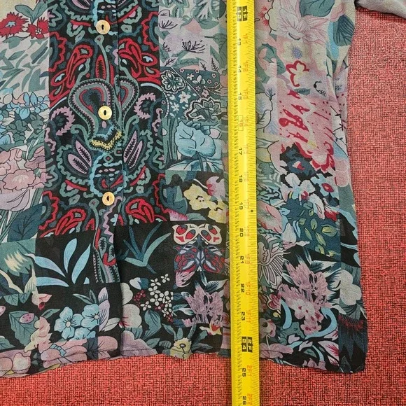 Citron Santa Monica Silk‎ Floral Button-Up Blouse S Sheer Asian Flowy Side Slit - Picture 7 of 10
